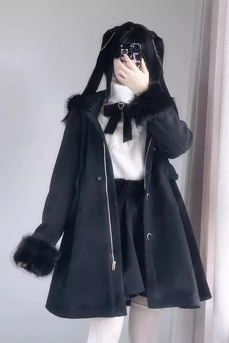 Plush Lop Rabbit Long Sleeves Hooded Detachable Sweet Jirai Kei Lolita Coat 2 Colors - Black - 1