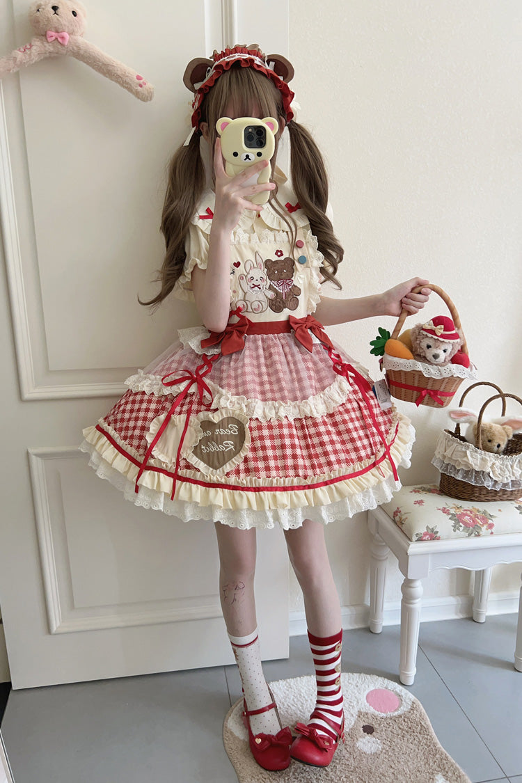 Rabbit Bear Diary Plaid Print Ruffle Bowknot Sweet Lolita Skirt 2 Colors (Blouse Included) - Product - 6