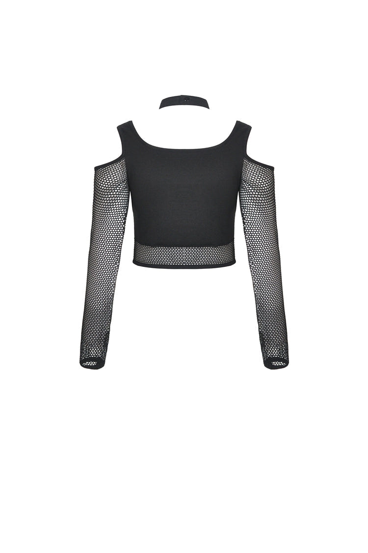 Black Off Shoulder Long Sleeves Lace-Up Chest Straps Sheer Mesh Women's Punk Top - Product - 12