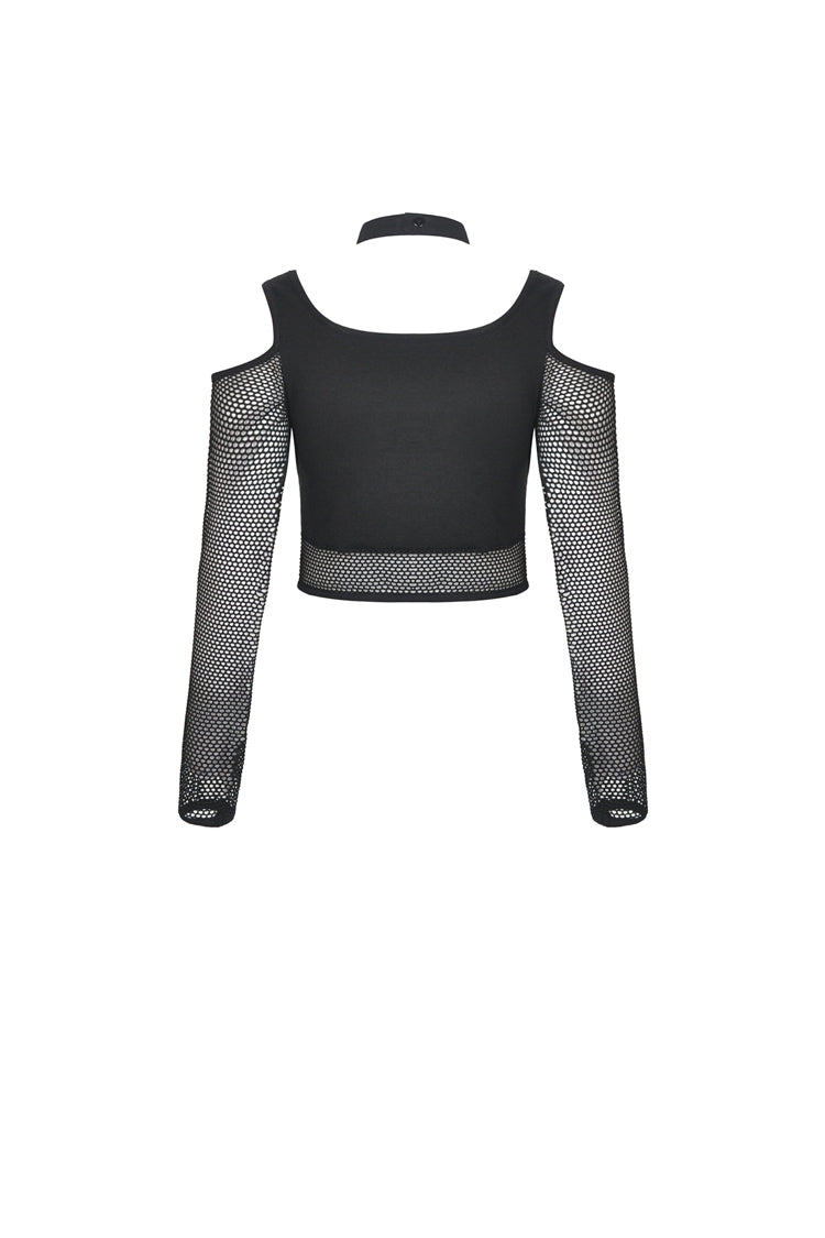 Black Off Shoulder Long Sleeves Lace-Up Chest Straps Sheer Mesh Women's Punk Top - Product - 12