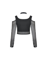 Black Off Shoulder Long Sleeves Lace-Up Chest Straps Sheer Mesh Women's Punk Top - Product - 12