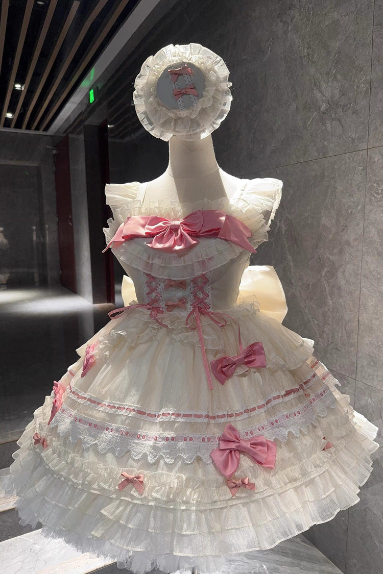 Apricot/Pink [Prelude to Spring Song] Sleeveless Multi-Layered Ruffle Bowknot Lace Sweet Princess Ballet Lolita Jsk Dress - Apricot/Pink - 1