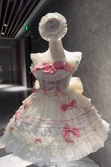 Apricot/Pink [Prelude to Spring Song] Sleeveless Multi-Layered Ruffle Bowknot Lace Sweet Princess Ballet Lolita Jsk Dress - Apricot/Pink - 1