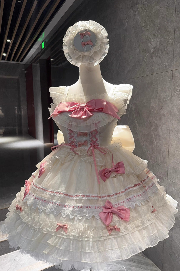 Apricot/Pink [Prelude to Spring Song] Sleeveless Multi-Layered Ruffle Bowknot Lace Sweet Princess Ballet Lolita Jsk Dress - Apricot/Pink - 1