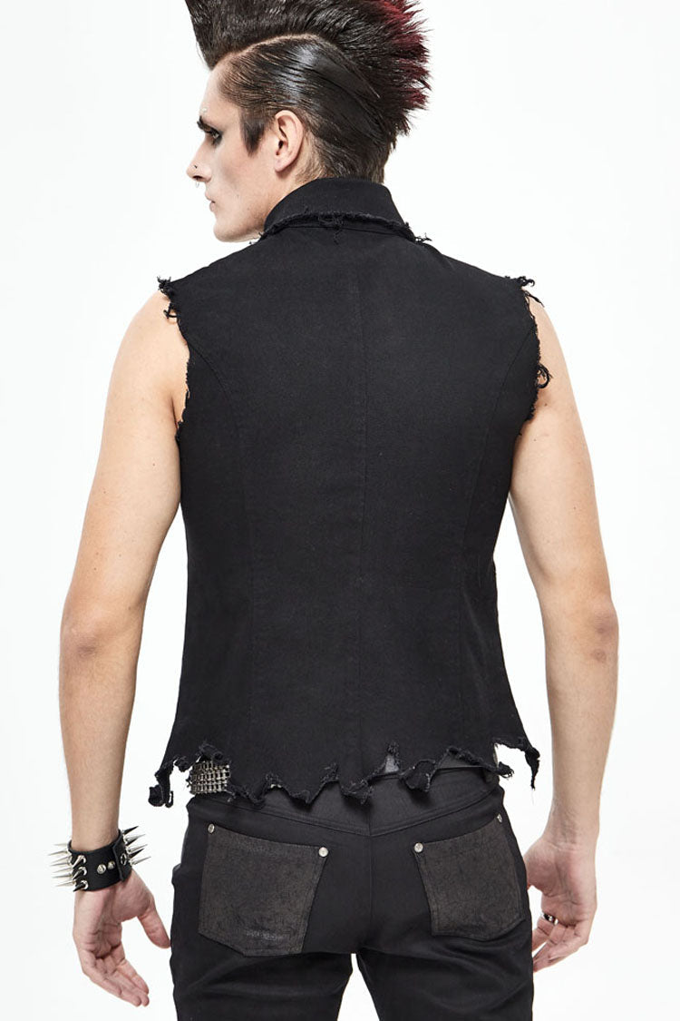 Black Worn Out Twill Mesh Decoration Rough Selvedge Hem Heavy Metal Men's Punk Waistcoat - Product - 5