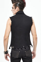 Black Worn Out Twill Mesh Decoration Rough Selvedge Hem Heavy Metal Men's Punk Waistcoat - Product - 5