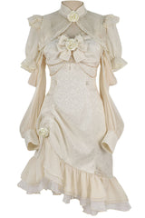 Camellia Rose Ruffle Asymmetric Gothic Chinese Style Elegant Lolita Jsk Dress 3 Colors - Champagne - 11