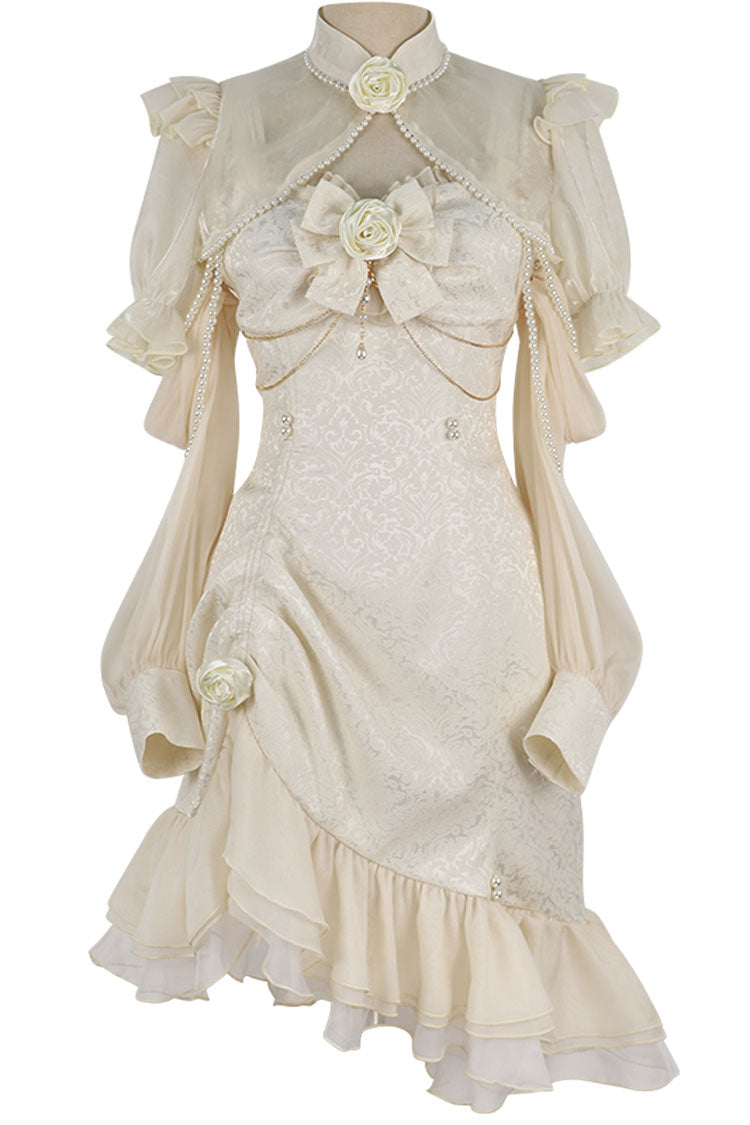 Camellia Rose Ruffle Asymmetric Gothic Chinese Style Elegant Lolita Jsk Dress 3 Colors - Champagne - 11
