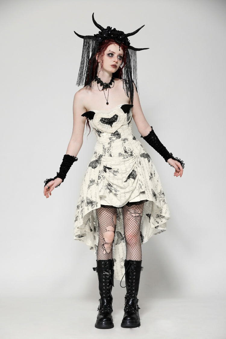 Black/White Butterfly Embroidered Lace-Up Women's Gothic High/Low Honeymoon Dress - Product - 6