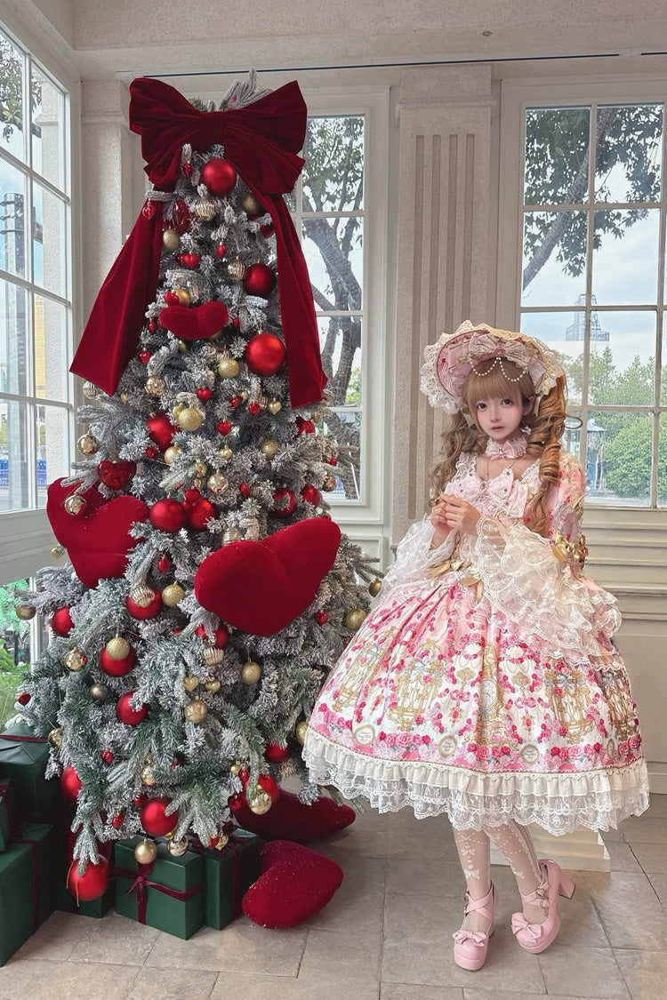 Pink [Rose Garden Prelude] Square Collar Long Trumpet Sleeves Printed Ruffled Bow Lace Lace-Up Sweet Lolita Dress - Product - 4