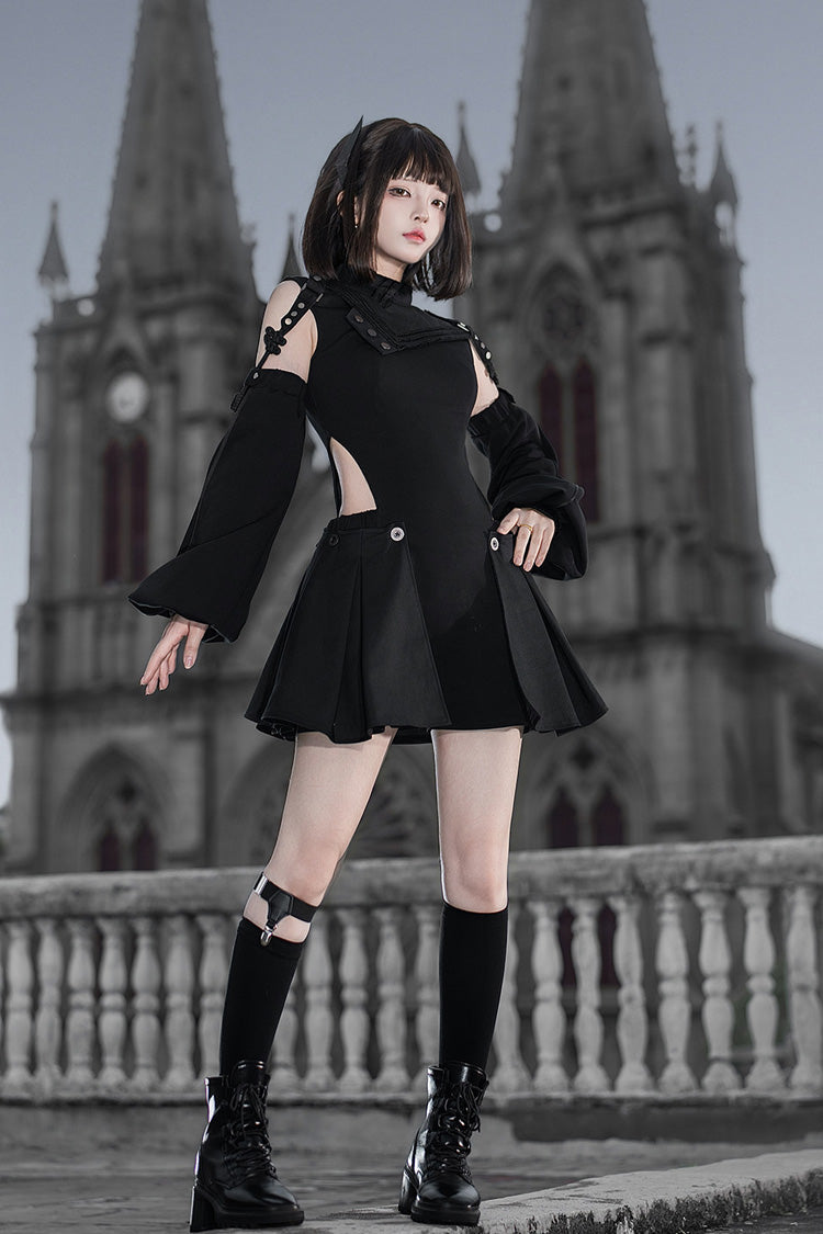 Black [Reserve Tactics] Ruffled Cut-Out Asymmetric Gothic Lolita Dress Set - Product - 5