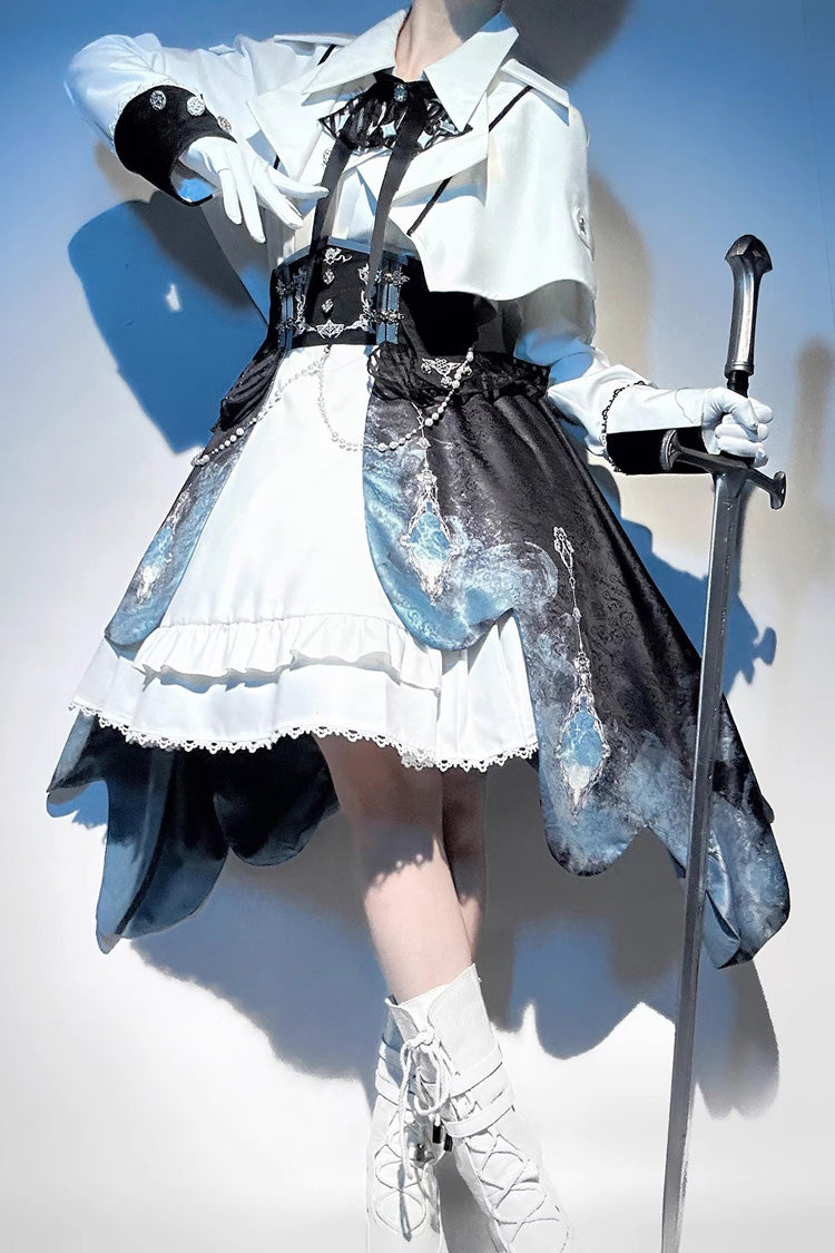 White/Blue Gradient Print Ruffle Cardigan Pearl Sweet College British Knight Style Handsome Lolita Dress Set - Product - 5