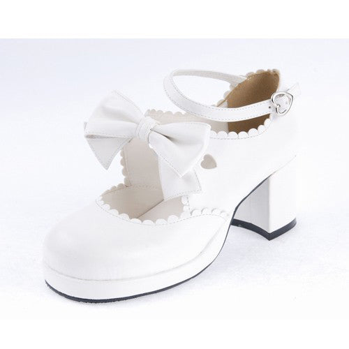White PU Round Toe Ankle Straps Bow Decoration Platform Sweet Lolita Shoes - Product - 6