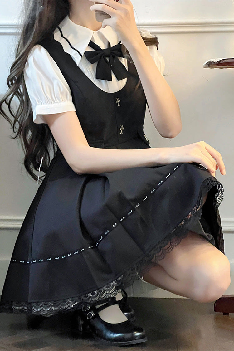 Black Dark Ruffle Bowknot Jirai Kei Jumper Dress - Product - 2
