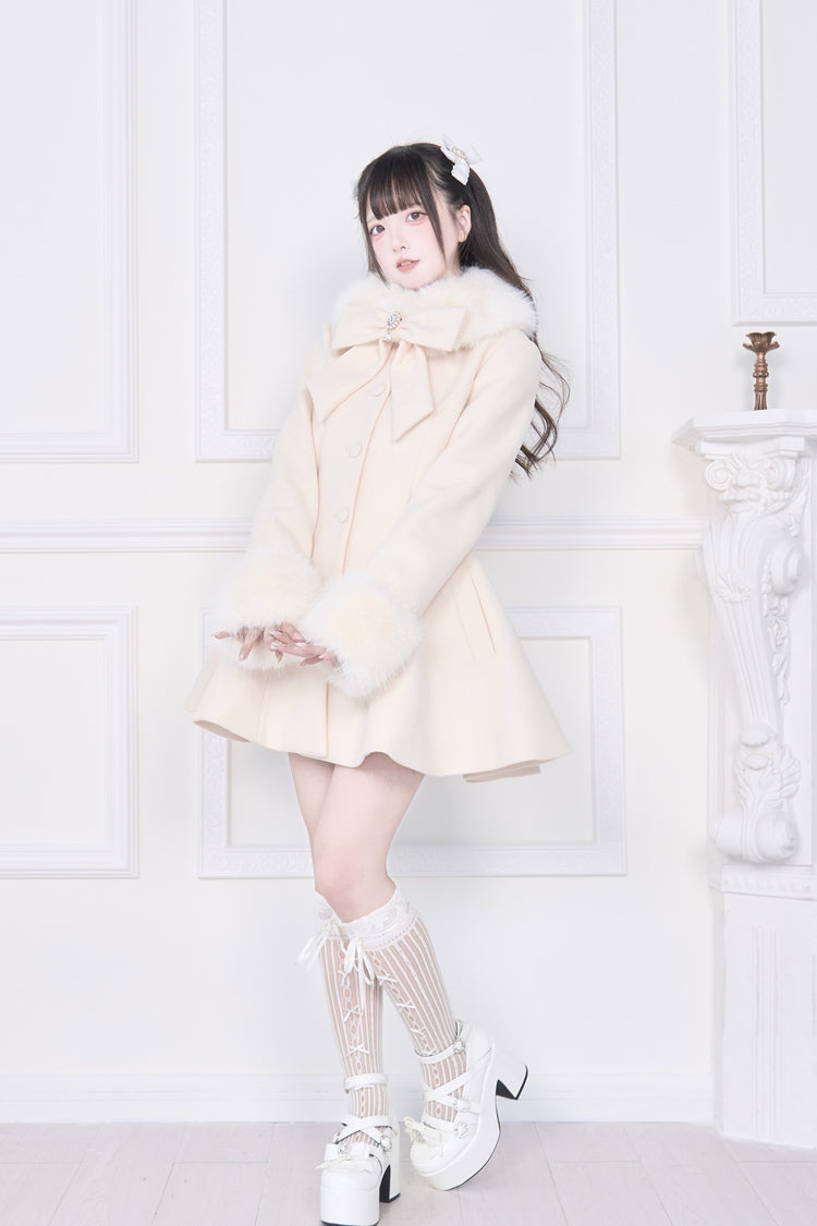 Apricot Plush Collar Long Sleeves Bowknot Japanese Sweet Lolita Coat - Product - 5