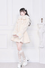 Apricot Plush Collar Long Sleeves Bowknot Japanese Sweet Lolita Coat - Product - 5