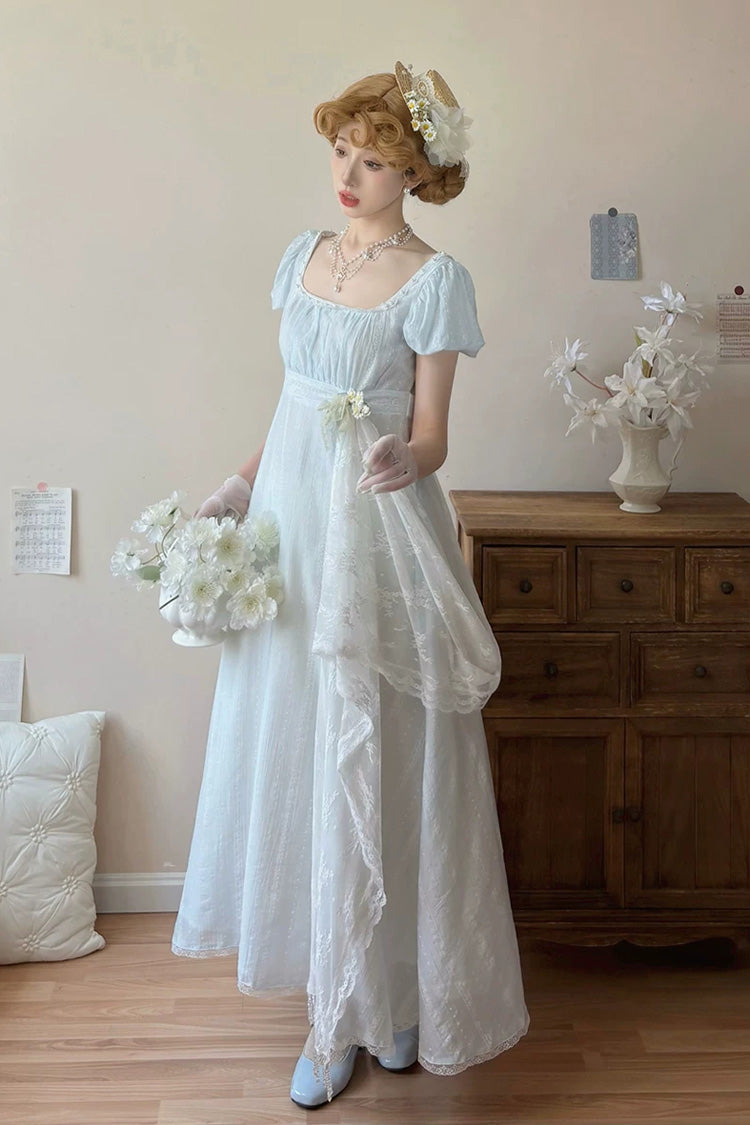 Blue Square Collar Short Sleeves Jacquard Ruffled Lace Sweet Elegant Lolita Dress - Product - 4