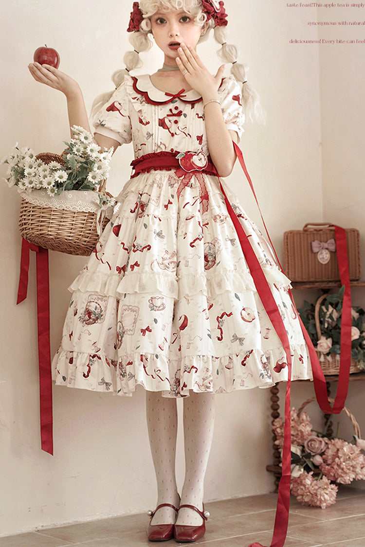 White Apple Tea Print Short Sleeves Country Style Ruffle Bowknot Sweet Lolita Dress (Plus Size Version) - Product - 7