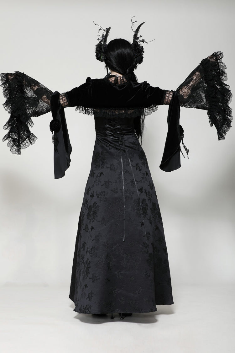 Black Long Puff Flared Sleeves Ruffled Lace Spliced Velvet Women's Gothic Cape - Product - 11