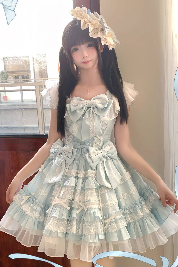 Blue [Snow Top Doll] Sleeveless Multi-Layered Ruffled Bow Lace Princess Sweet Lolita Tiered Dress - Product - 2