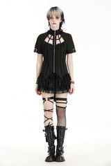 Black Stand Collar Short Sleeves Spider-Shaped Zippered Cut-Out Irregular Women's Punk Blouse - Product - 5