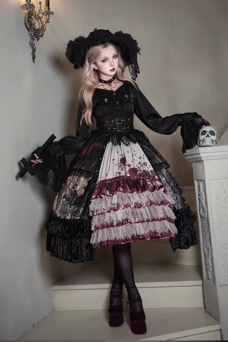 [Heretical Nun] Sleeveless Multi-Layered Printed Ruffled Open-Front Gothic Plus Size Lolita Strap Dress Short Version 2 Colors - Product - 3