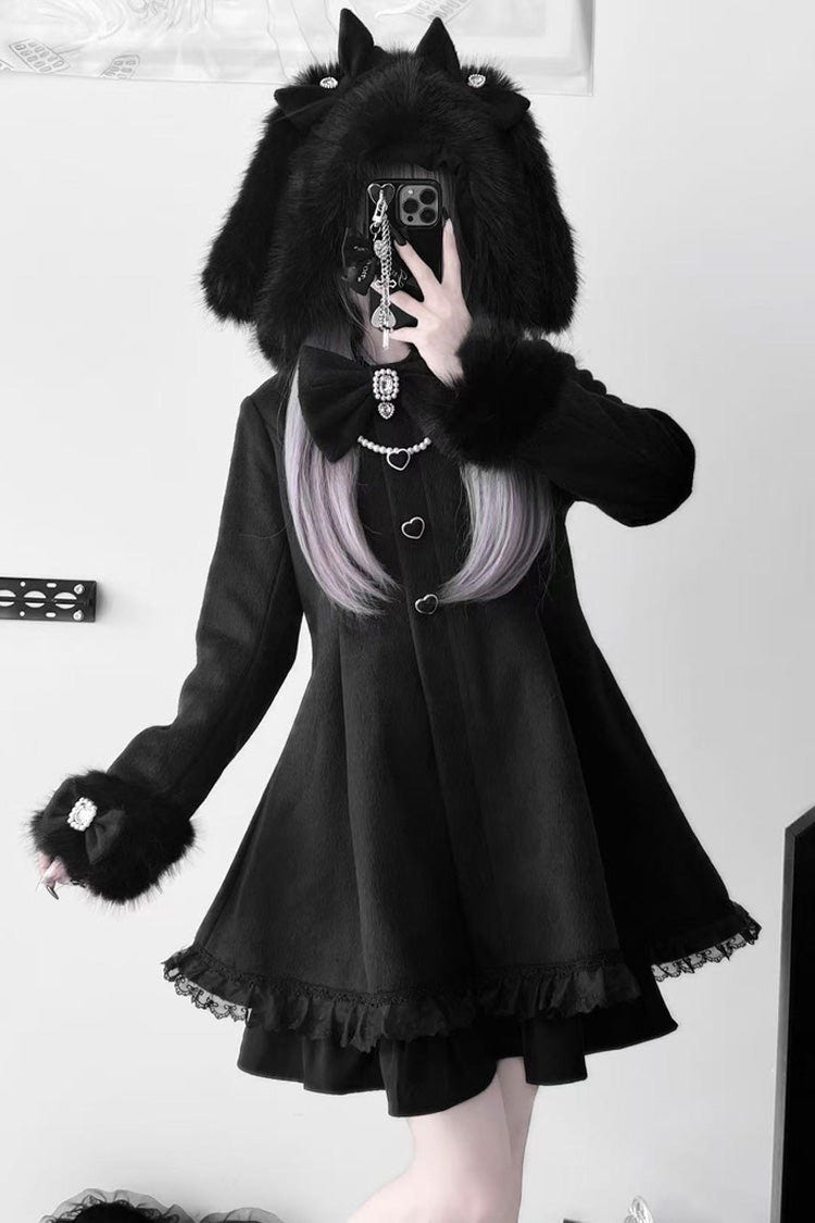 Black Long Sleeves Bowknot Rabbit Ears Detachable Hooded Japanese Jirai Kei Coat - Black - 1