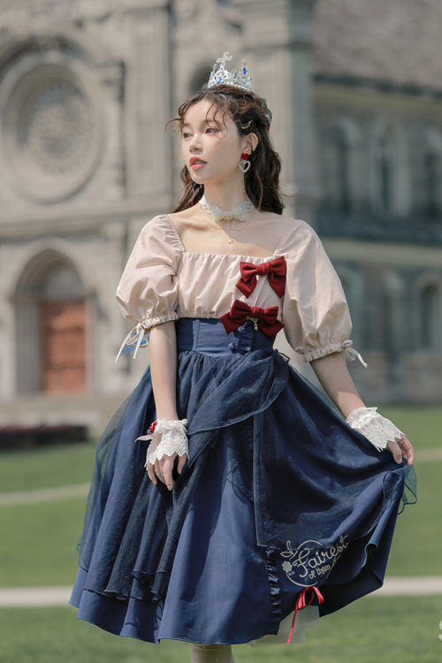 Blue Square Collar Bubble Short Sleeves High Waisted <Runaway Snow White> Sweet Lolita OP Dress - Product - 2