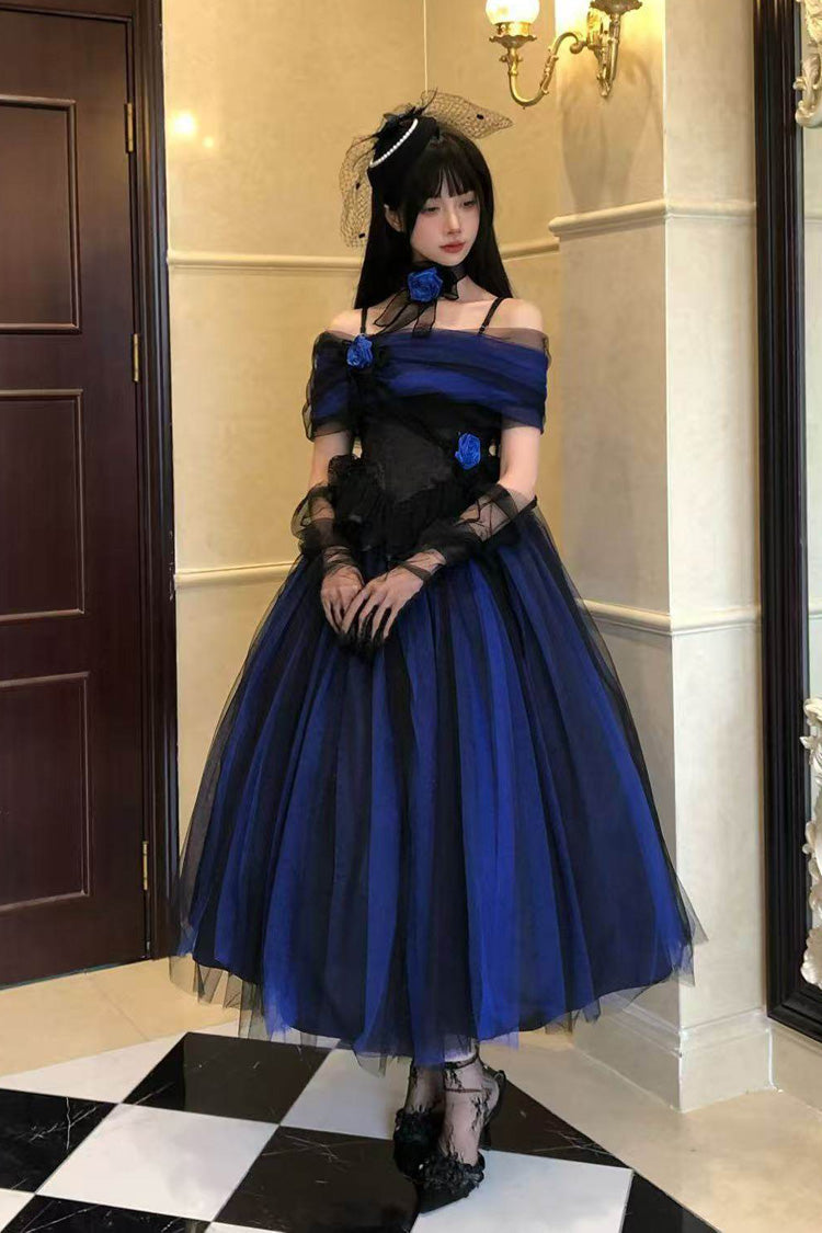 Klein Blue [Echo of Diana] Off Shoulder Ruffled Lace Gothic Lolita Dress - Product - 7