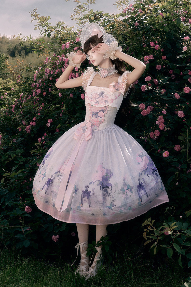 [Morning Dew Rose] Square Collar Flutter Sleeves Printed Embroidered Bow Sweet Chinese Inspired Lolita Jsk Dress 2 Colors (Blue, Green) - Product - 10