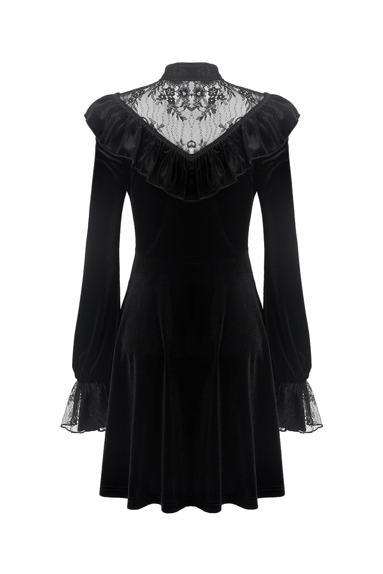 Black V-neck Long Sleeves Ruched Ruffled Lace Women's Lolita Gothic Velvet Dress - Product - 11