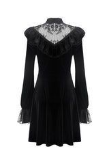 Black V-neck Long Sleeves Ruched Ruffled Lace Women's Lolita Gothic Velvet Dress - Product - 11