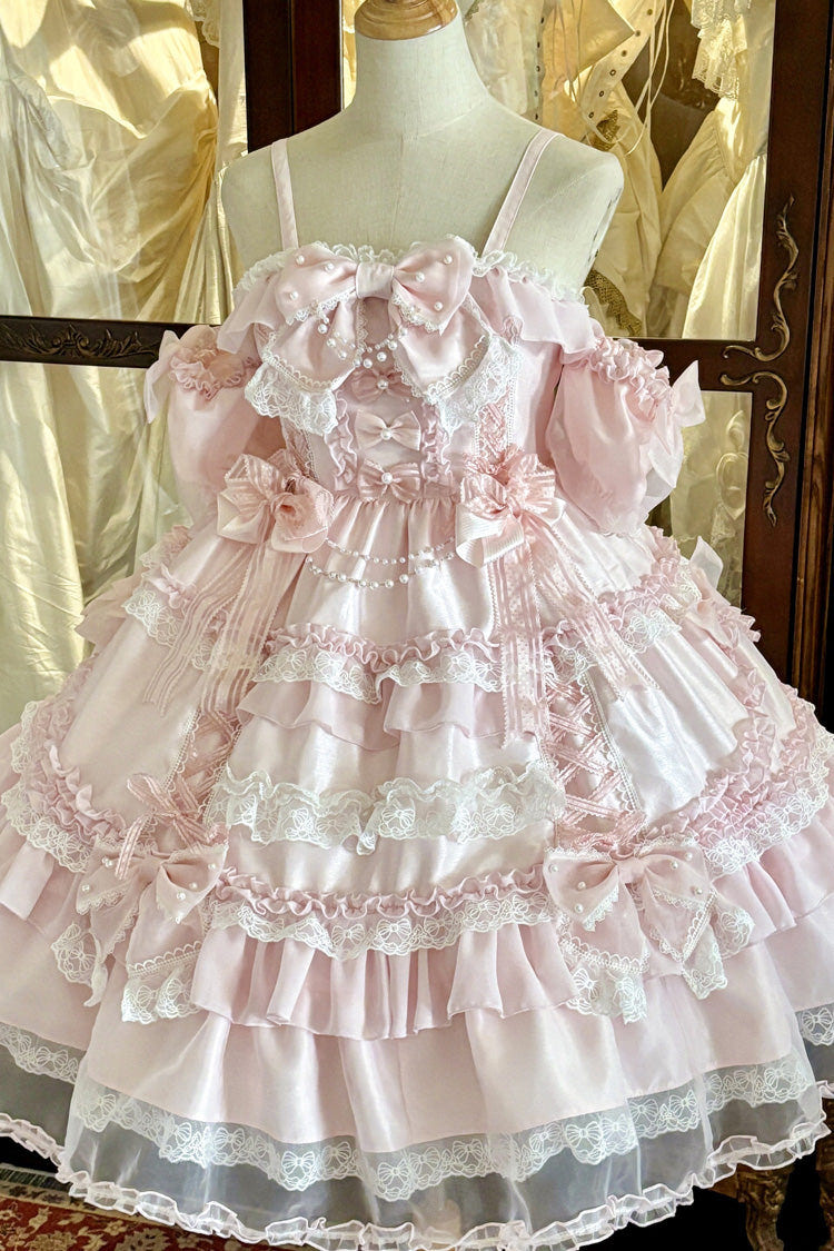 Pink [Spring Cherry Snowfall] Off Shoulder Short Sleeves Multi-Layered Ruffled Bow Sweet Lolita Jsk Dress - Product - 2