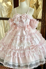 Pink [Spring Cherry Snowfall] Off Shoulder Short Sleeves Multi-Layered Ruffled Bow Sweet Lolita Jsk Dress - Product - 2