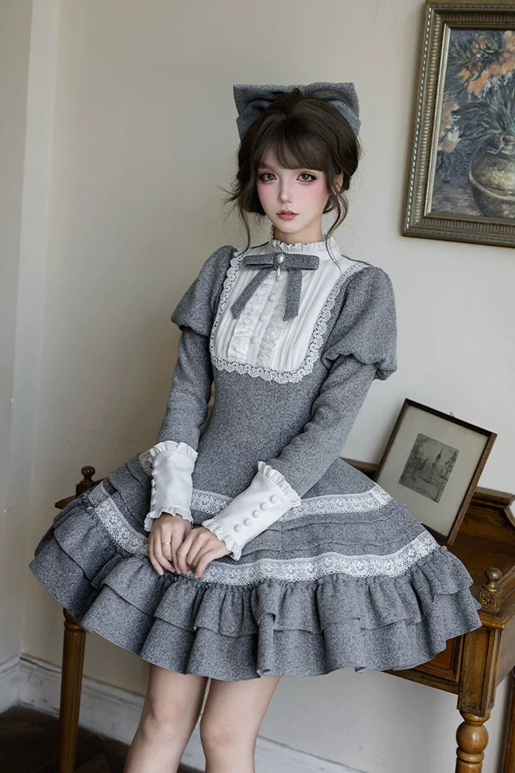 Grey [Letters and Poems · Old Memories] Stand Collar Long Sleeves Double-Layered Ruffled Bow Classic Elegant Lolita Dress 2 Versions - Product - 20