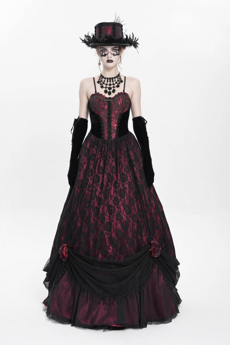 Red Jacquard Embroidery Floral Beaded Women's Gothic Long Slip Dress - Red - 1