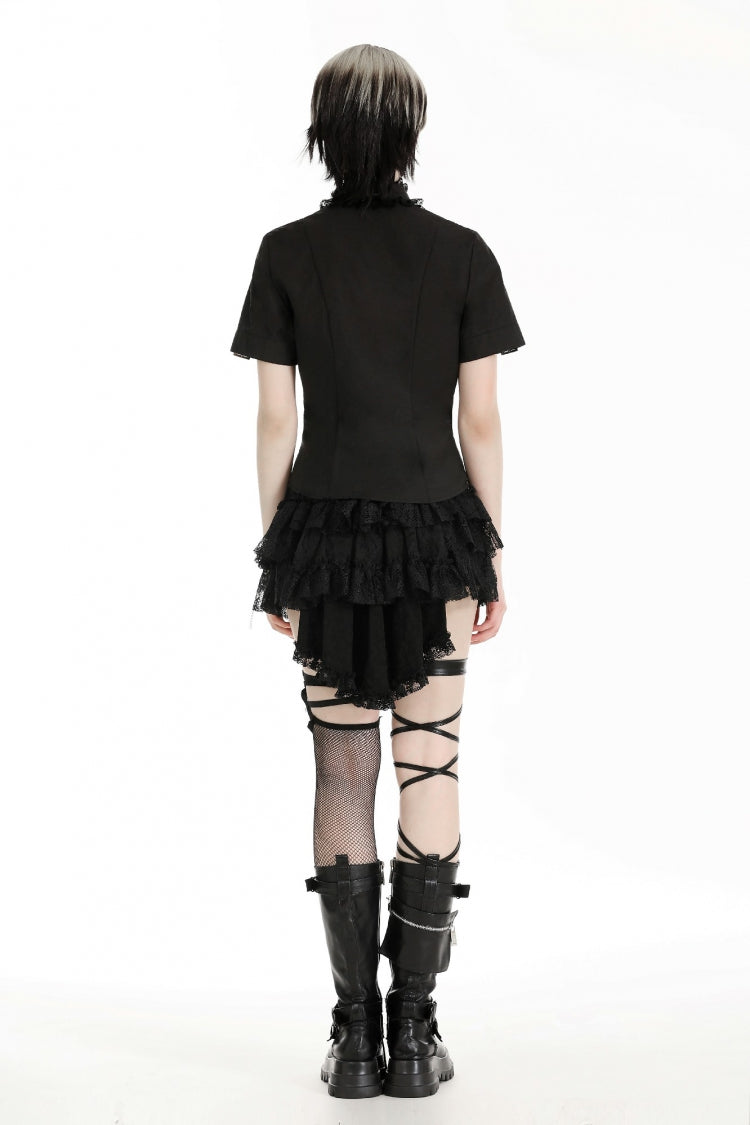 Black Stand Collar Short Sleeves Spider-Shaped Zippered Cut-Out Irregular Women's Punk Blouse - Product - 4