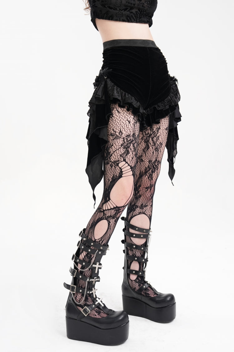 Black Plumed Ruffle Mesh Women's Gothic Shorts - Product - 6