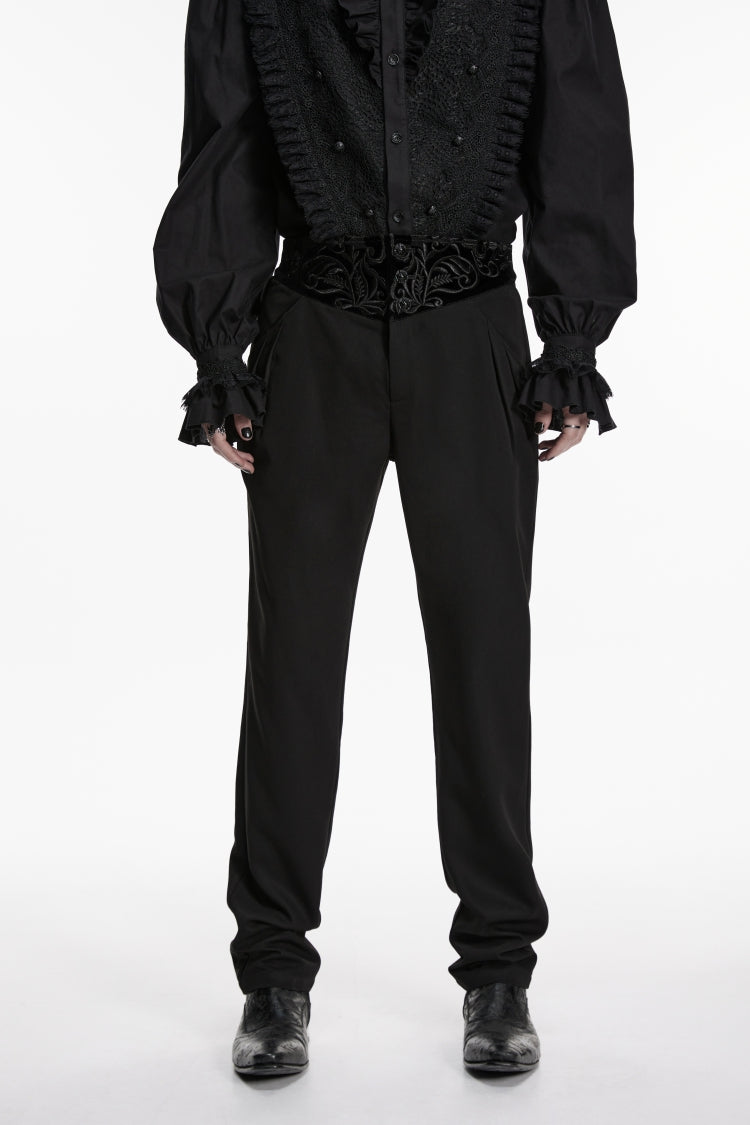 Black Embroidered Spliced Slim Men's Gothic Pants - Product - 4