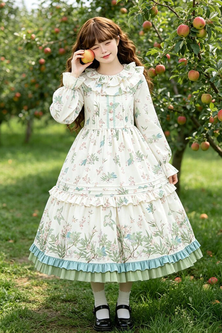 Apricot Round Collar Long Sleeves Double-Layered Floral Bird Printed Ruffled Bow Sweet Plus Size Lolita Dress - Apricot - 1