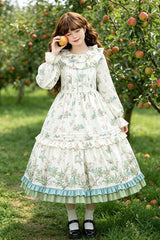 Apricot Round Collar Long Sleeves Double-Layered Floral Bird Printed Ruffled Bow Sweet Plus Size Lolita Dress - Apricot - 1