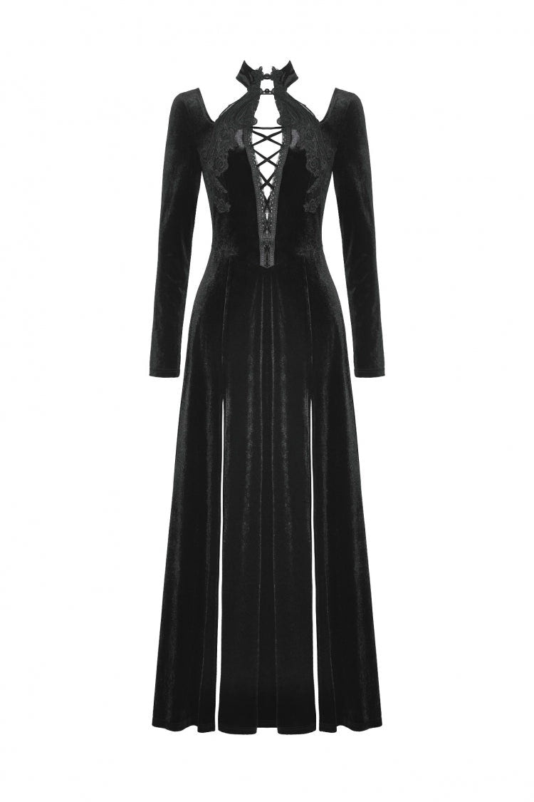 Black Long Sleeves Cut-Out Lace-Up Women's Gothic Side Slit Velvet Party Dress Wedding Dress - Product - 3