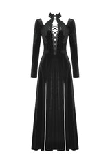 Black Long Sleeves Cut-Out Lace-Up Women's Gothic Side Slit Velvet Party Dress Wedding Dress - Product - 3