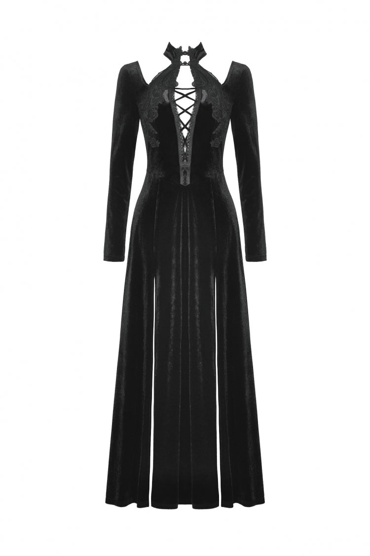 Black Long Sleeves Cut-Out Lace-Up Women's Gothic Side Slit Velvet Party Dress Wedding Dress - Product - 3
