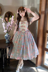 Blue Gem Rose Print Short Puff Sleeves Ruffle Bowknot Sweet Plus Size Lolita Dress - Blue - 1