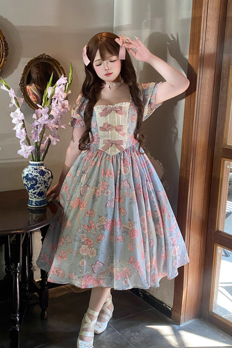 Blue Gem Rose Print Short Puff Sleeves Ruffle Bowknot Sweet Plus Size Lolita Dress - Blue - 1