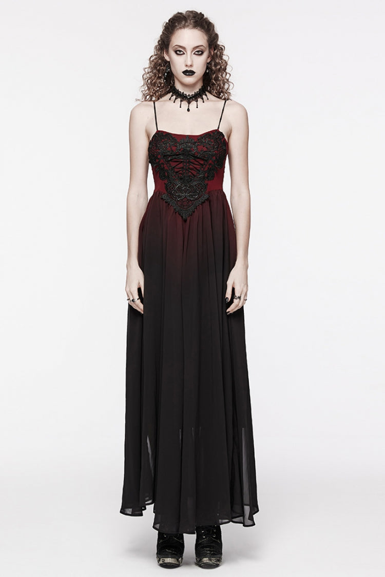 Black/Red Floral Embroidery Lace-Up Women's Gothic Slip Dress - Black/Red - 1