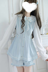 Blue Long Sleeves Ruffle Bowknot Lace Sweet Jirai Kei Dress Set - Product - 5
