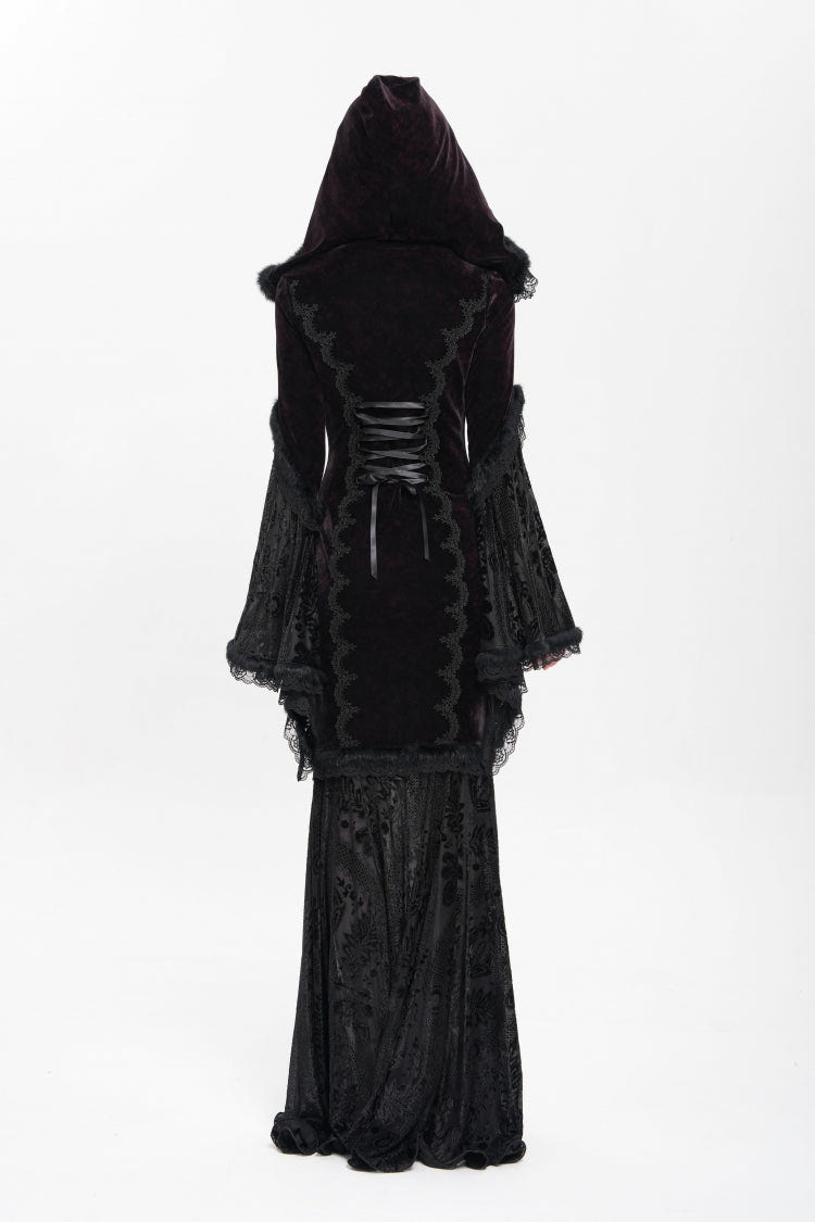 Black/Red Long Trumpet Sleeves Embroidery Stitching Lace Hooded Mesh Women's Gothic Dress - Product - 3