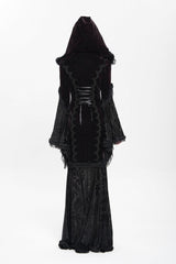 Black/Red Long Trumpet Sleeves Embroidery Stitching Lace Hooded Mesh Women's Gothic Dress - Product - 3